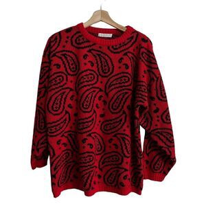 VTG Jamie Scott Red Black Paisley All Over Print Crewneck Sweater Women's Sz M